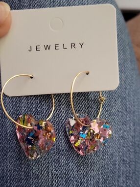 Beautiful Pink Multicolor Heart Gold Hoop Earrings- NEW